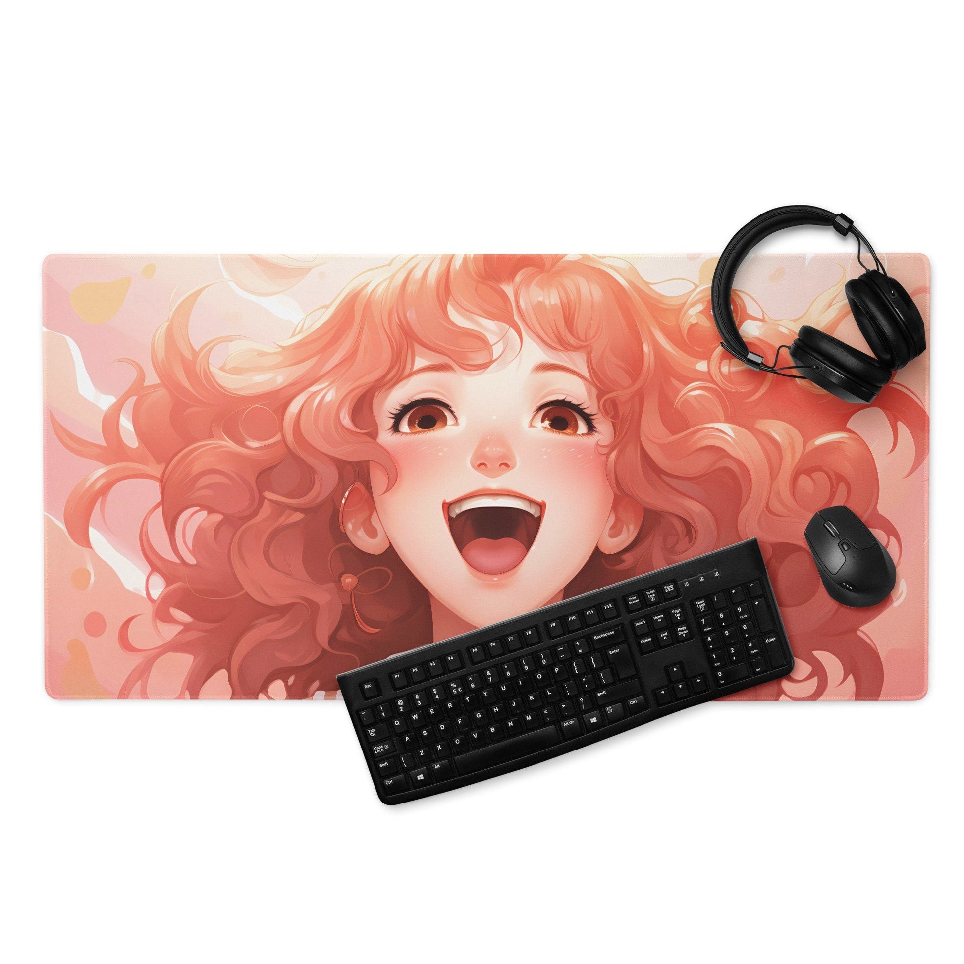 Anime Kawaii Manga Hot Brown Hair Girl Laughing Gaming Mousepad | Desk Mat | Large Mouse Pad - Raiden Gate Design