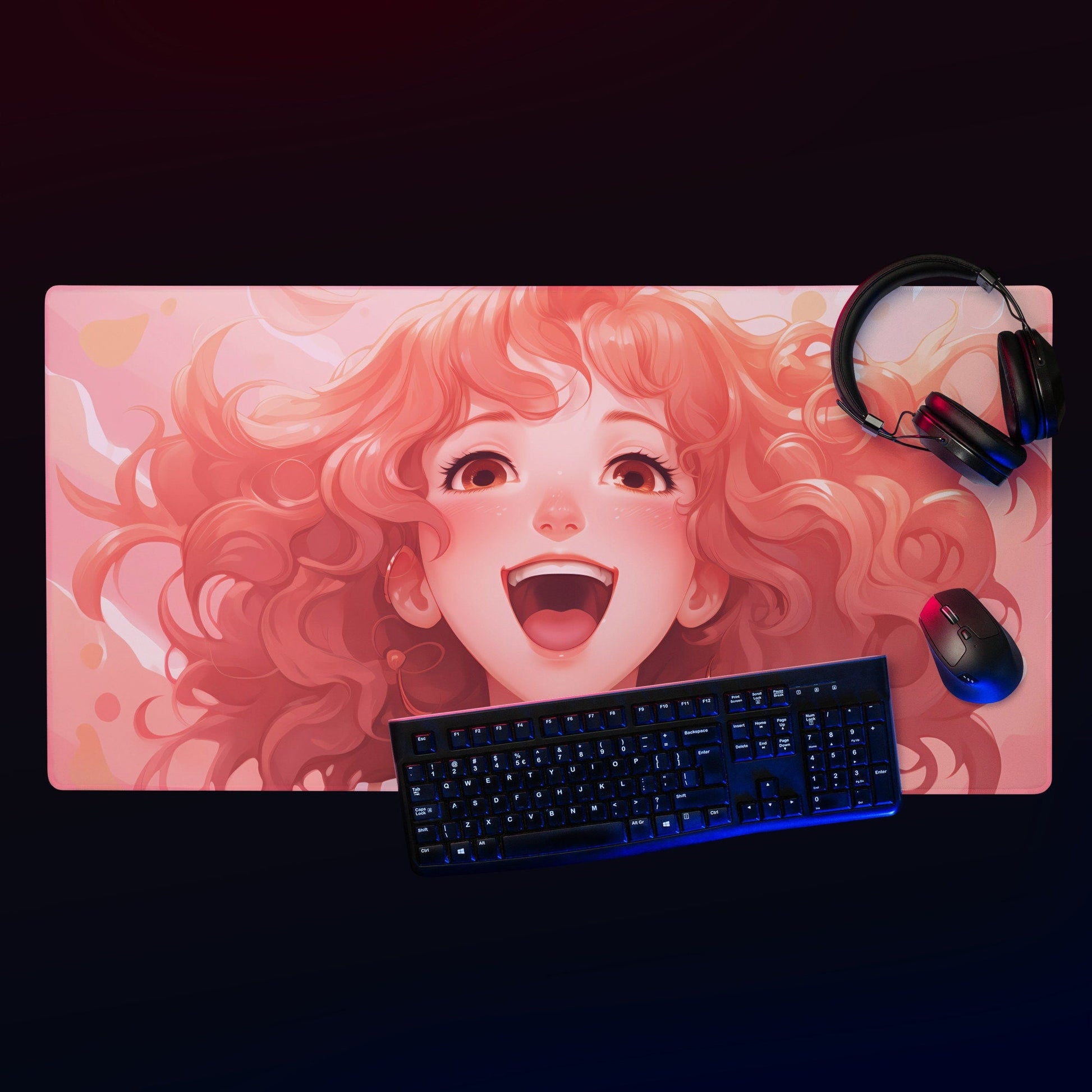 Anime Kawaii Manga Hot Brown Hair Girl Laughing Gaming Mousepad | Desk Mat | Large Mouse Pad - Raiden Gate Design