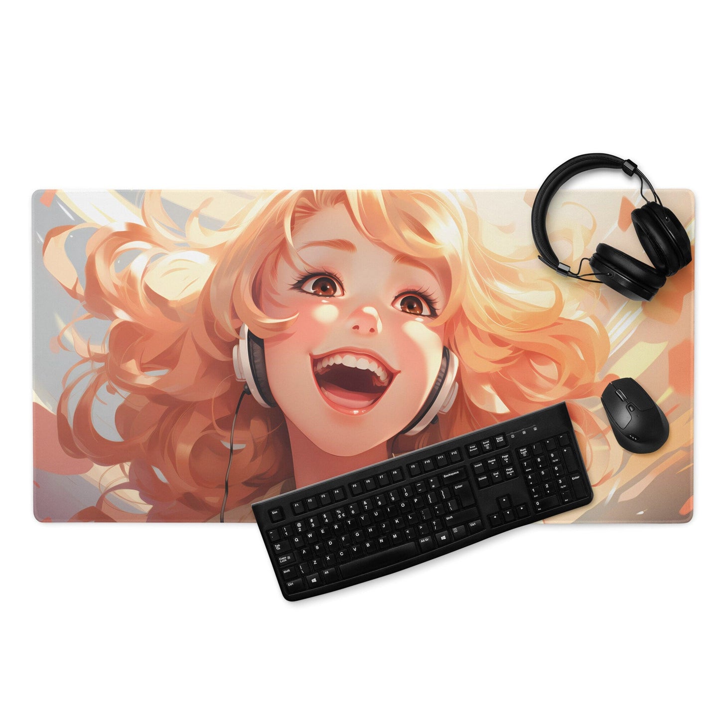 Anime Kawaii Manga Hot Ginger Hair Girl with Headphones Gaming Mousepad | Desk Mat | Large Mouse Pad - Raiden Gate Design