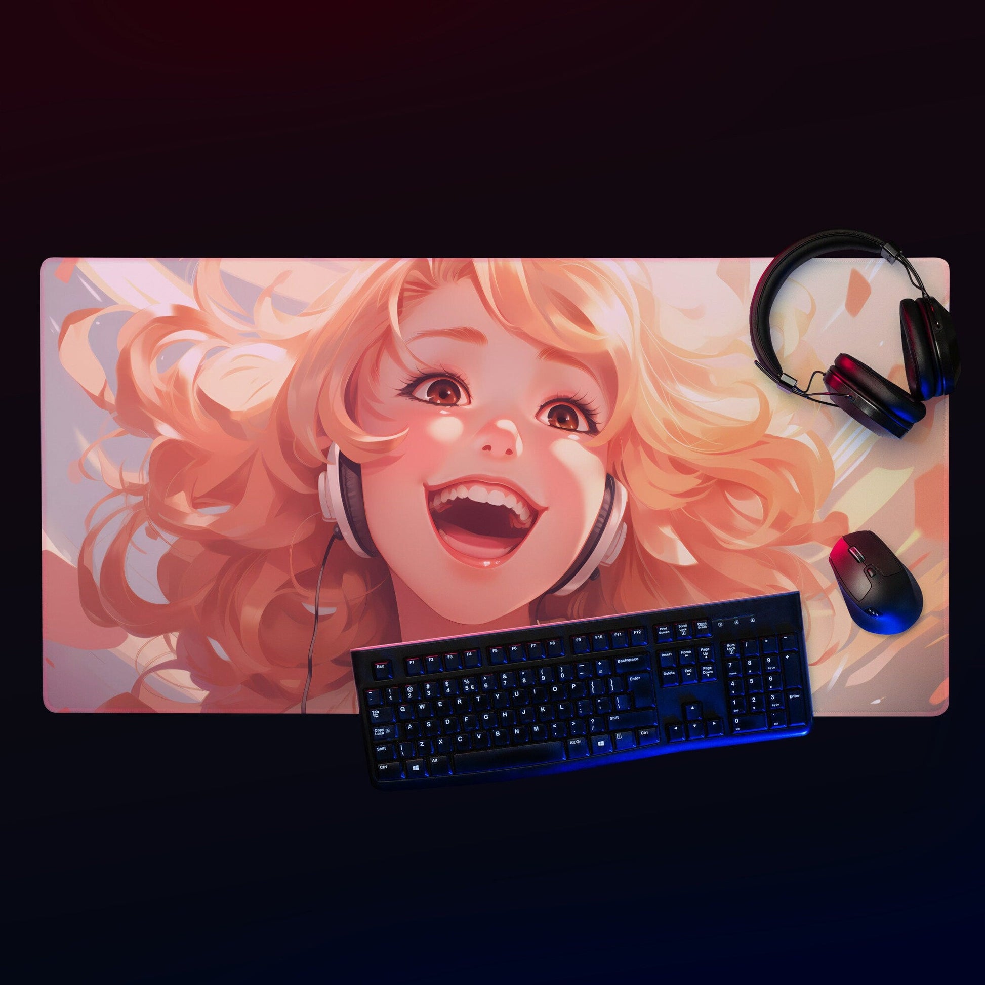 Anime Kawaii Manga Hot Ginger Hair Girl with Headphones Gaming Mousepad | Desk Mat | Large Mouse Pad - Raiden Gate Design