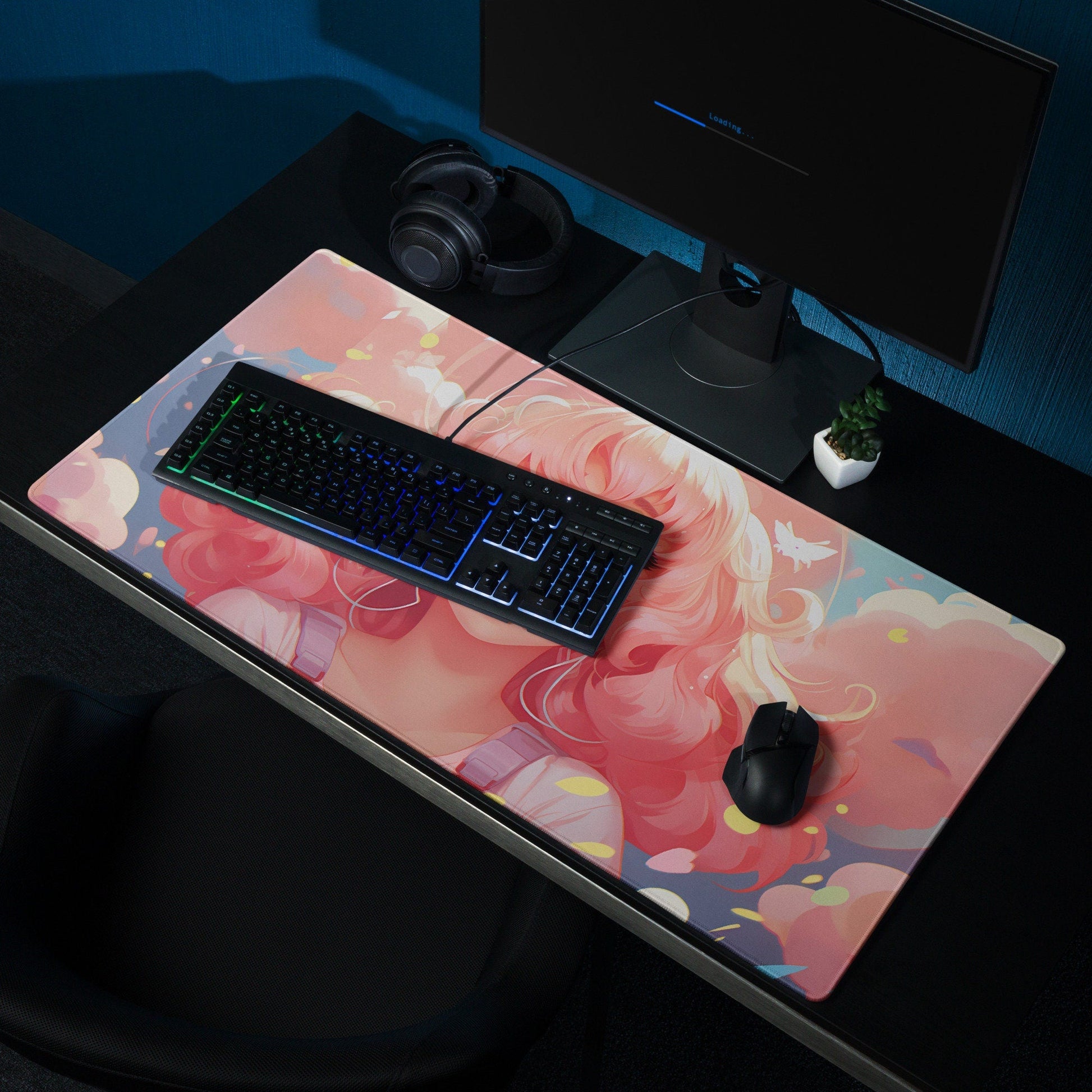 Anime Kawaii Manga Hot Pink Hair Girl Laughing Gaming Mousepad | Desk Mat | Large Mouse Pad - Raiden Gate Design