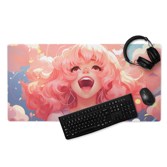 Anime Kawaii Manga Hot Pink Hair Girl Laughing Gaming Mousepad | Desk Mat | Large Mouse Pad - Raiden Gate Design