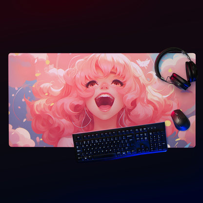 Anime Kawaii Manga Hot Pink Hair Girl Laughing Gaming Mousepad | Desk Mat | Large Mouse Pad - Raiden Gate Design