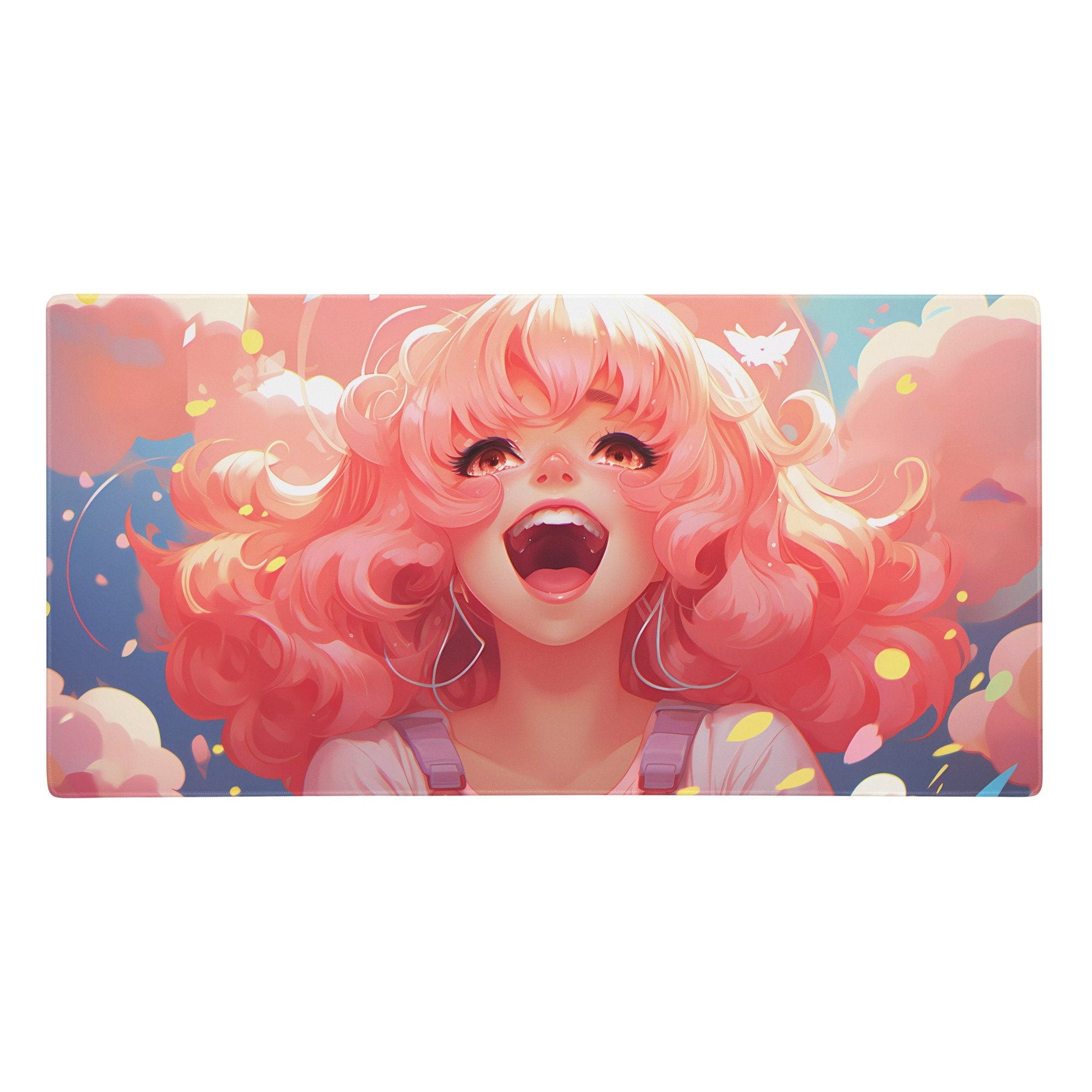 Anime Kawaii Manga Hot Pink Hair Girl Laughing Gaming Mousepad | Desk Mat | Large Mouse Pad - Raiden Gate Design