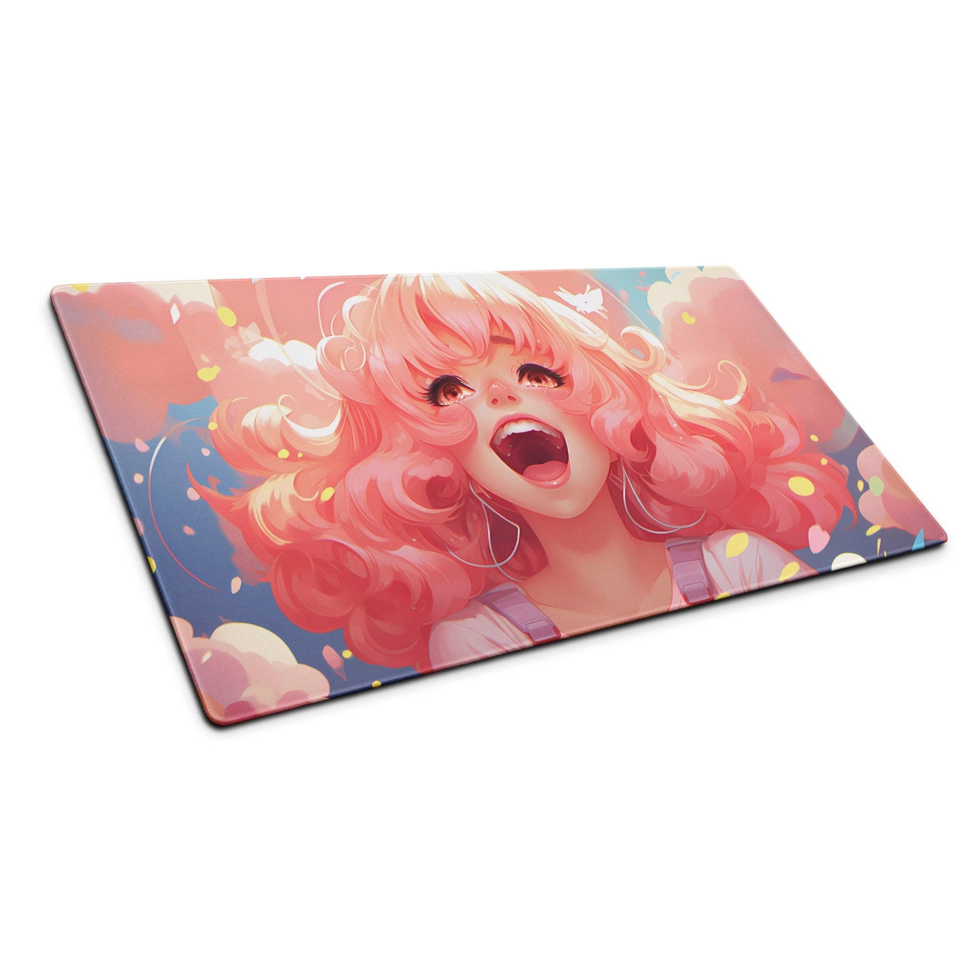 Anime Kawaii Manga Hot Pink Hair Girl Laughing Gaming Mousepad | Desk Mat | Large Mouse Pad - Raiden Gate Design