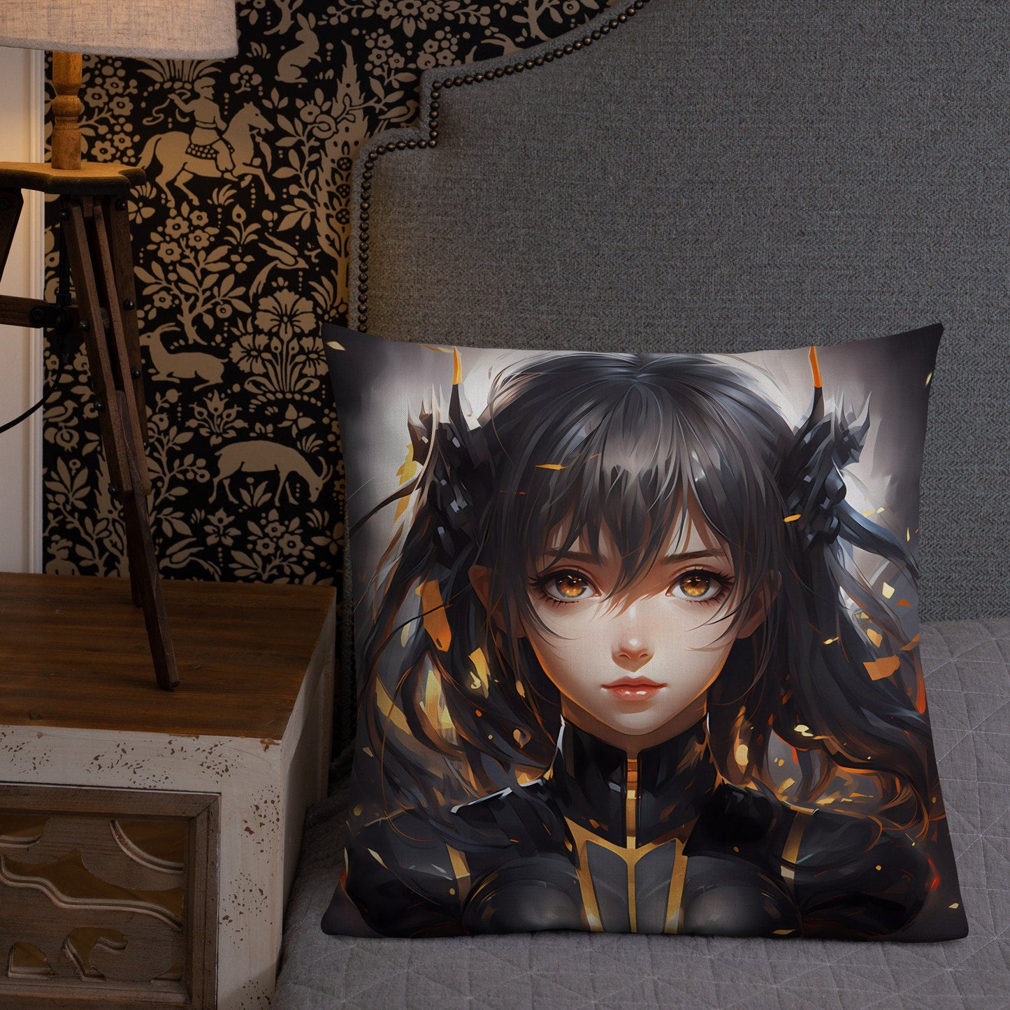 Black - Gold Hair Anime Girl | Anime Pillow | Kawaii Pillow | Decorative Pillow | Throw Pillow - Raiden Gate Design