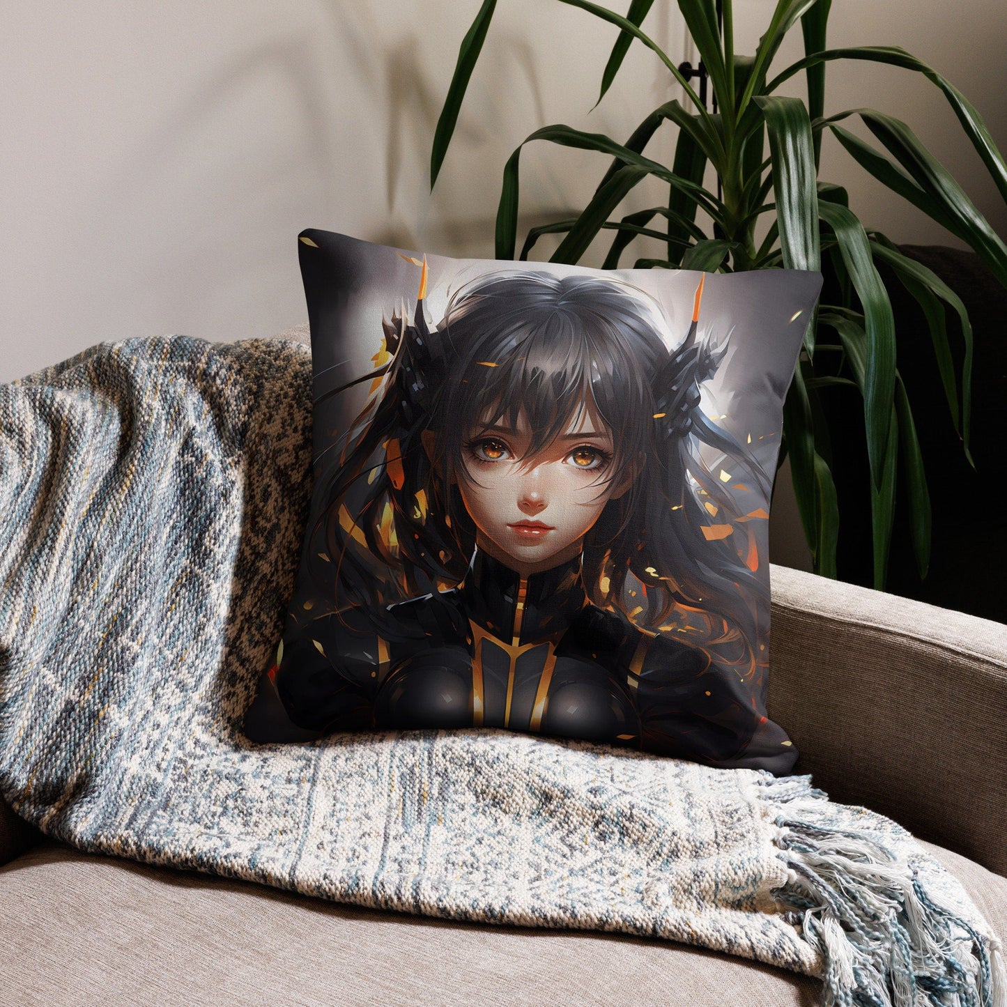 Black - Gold Hair Anime Girl | Anime Pillow | Kawaii Pillow | Decorative Pillow | Throw Pillow - Raiden Gate Design