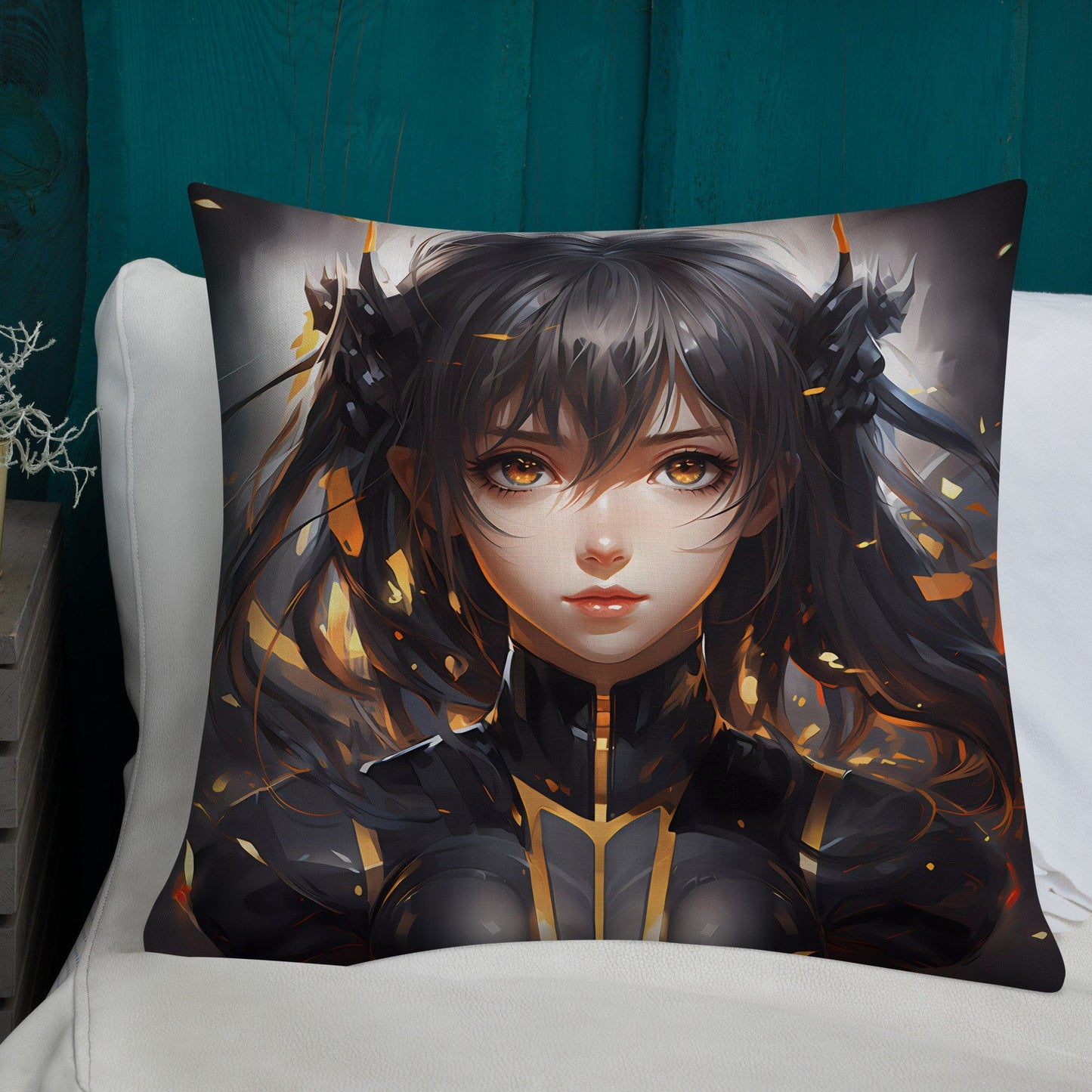 Black - Gold Hair Anime Girl | Anime Pillow | Kawaii Pillow | Decorative Pillow | Throw Pillow - Raiden Gate Design