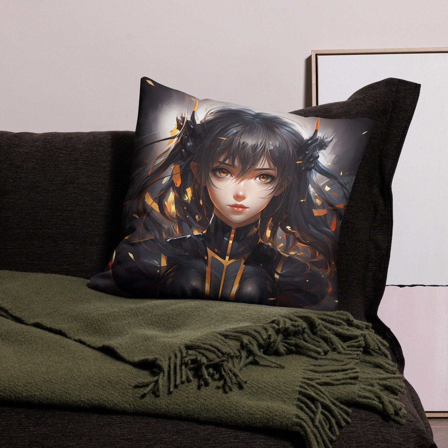 Black - Gold Hair Anime Girl | Anime Pillow | Kawaii Pillow | Decorative Pillow | Throw Pillow - Raiden Gate Design