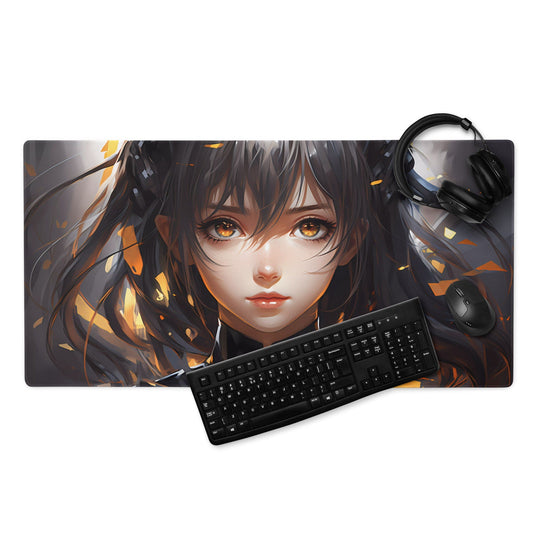 Black Hair Anime Girl with Golden Sparkles Gaming Mousepad | Desk Mat | Large Mouse Pad - Raiden Gate Design