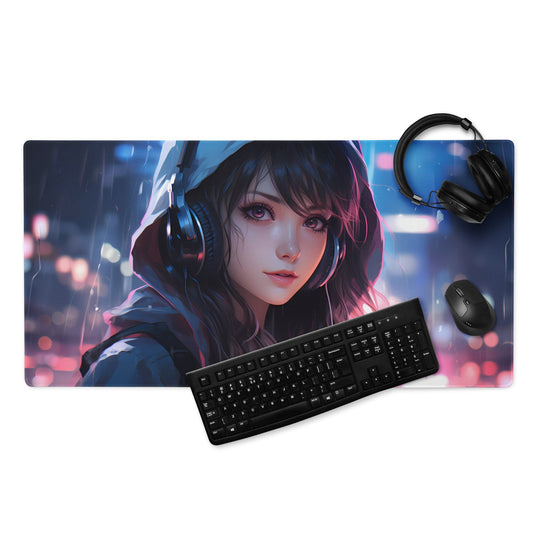 Black Hair Anime Girl with Headphones Gaming Mousepad | Desk Mat | Large Mouse Pad - Raiden Gate Design