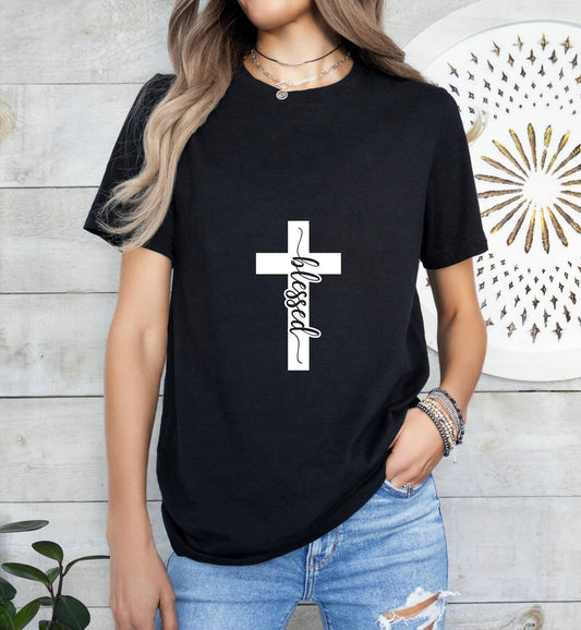 Blessed Cross Catholic Boho Church Shirt with Inspirational Bible Verse - Jesus Faith Religious - Raiden Gate Design