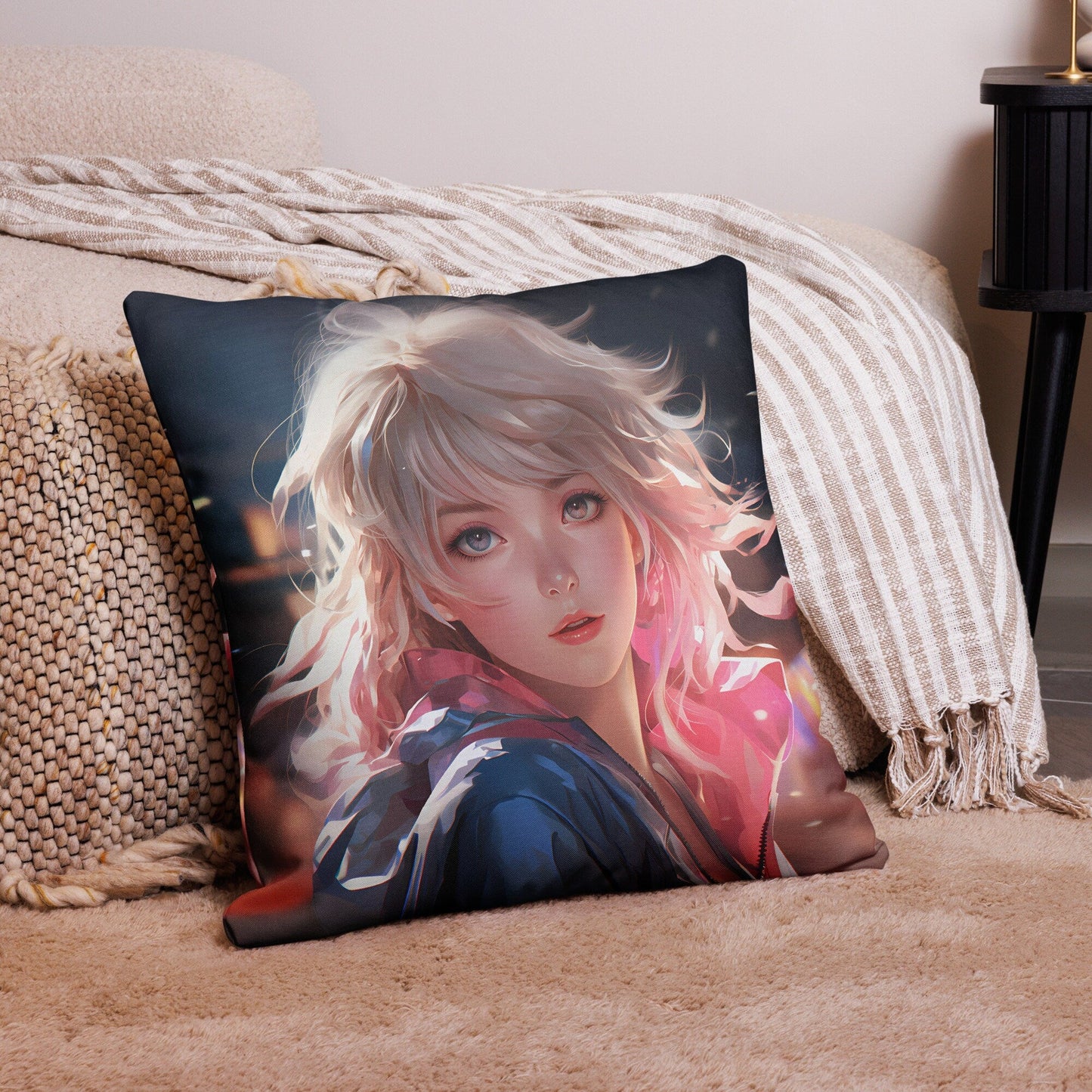 Blond Anime Girl Looking Back | Anime Pillow | Kawaii Pillow | Decorative Pillow | Throw Pillow - Raiden Gate Design