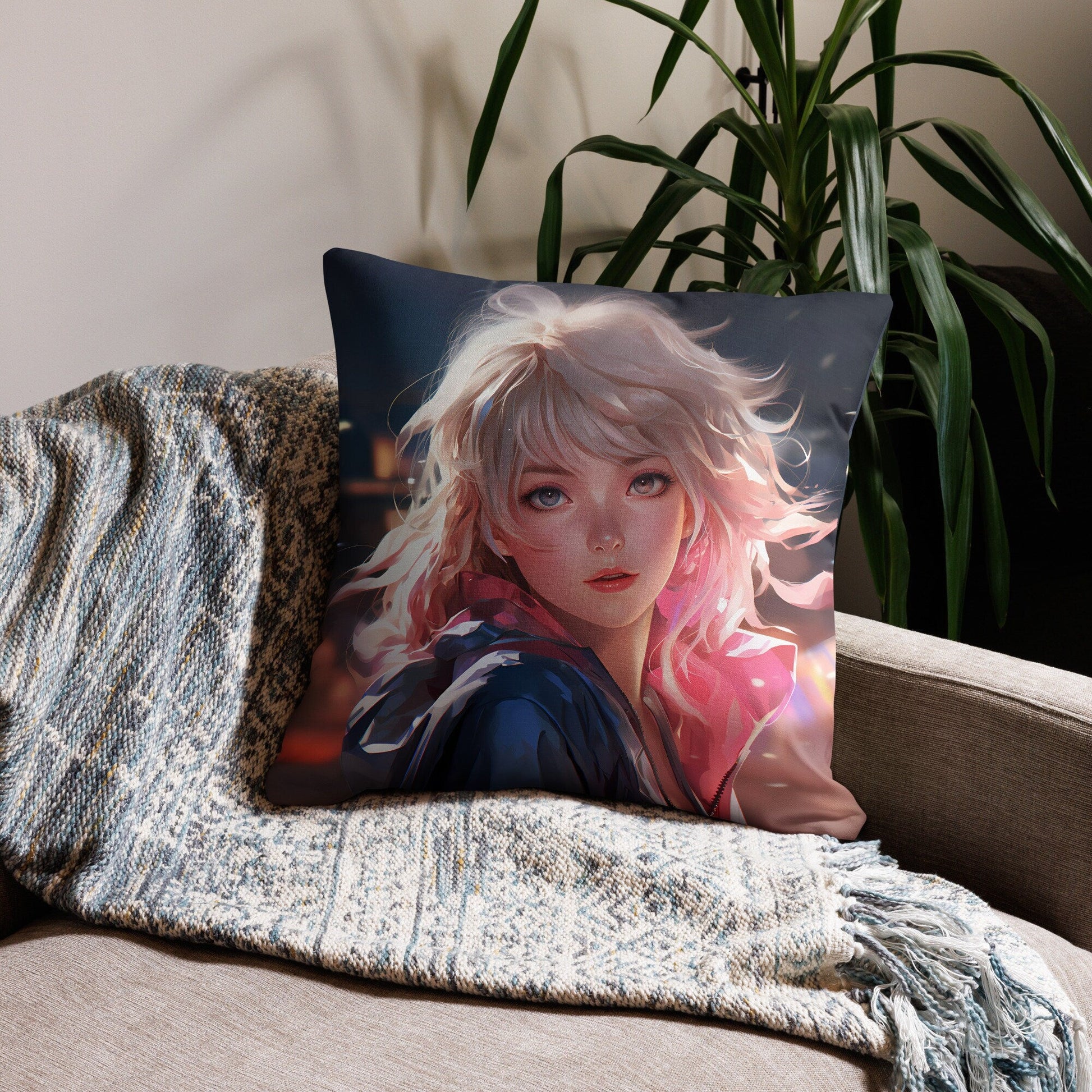 Blond Anime Girl Looking Back | Anime Pillow | Kawaii Pillow | Decorative Pillow | Throw Pillow - Raiden Gate Design