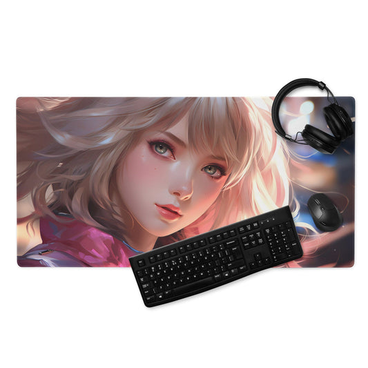 Blond Hair Anime Girl in Wind Gaming Mousepad | Desk Mat | Large Mouse Pad - Raiden Gate Design