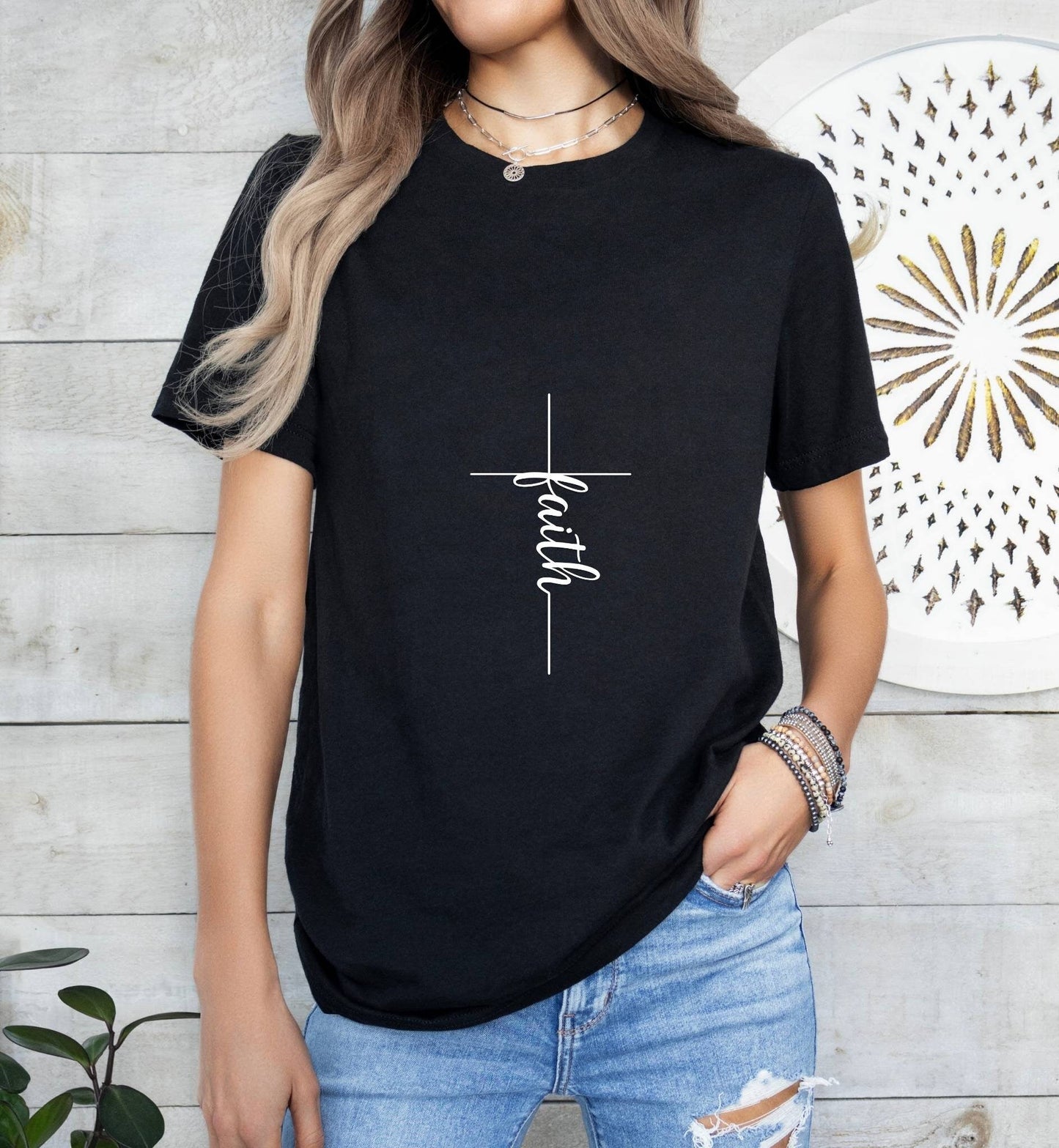 Faith Cross (thin) Catholic Boho Church Shirt with Inspirational Bible Verse - Jesus Faith Religious - Raiden Gate Design