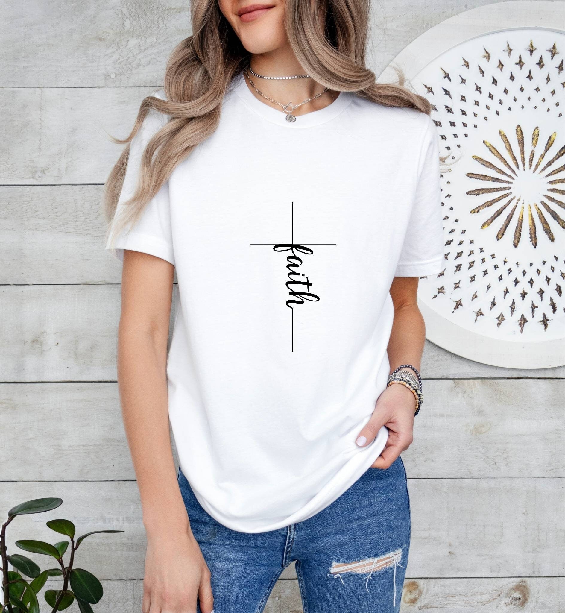 Faith Cross (thin) Catholic Boho Church Shirt with Inspirational Bible Verse - Jesus Faith Religious - Raiden Gate Design