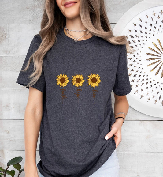 Faith Hope Love Sunflower Catholic Boho Church Shirt with Inspirational Bible Verse - Jesus Faith Religious - Raiden Gate Design