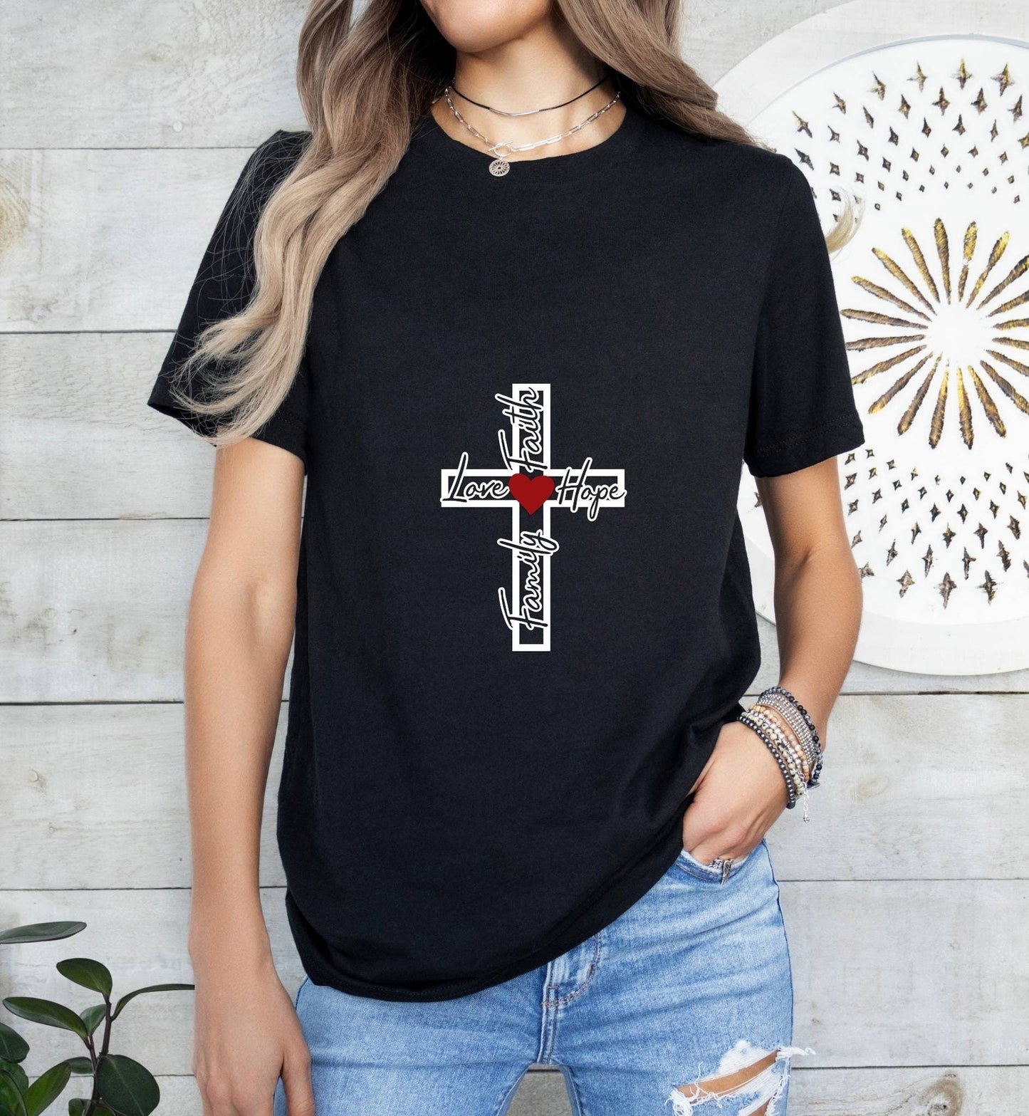 Family Love Faith Cross Catholic Boho Church Shirt with Inspirational Bible Verse - Jesus Faith Religious - Raiden Gate Design