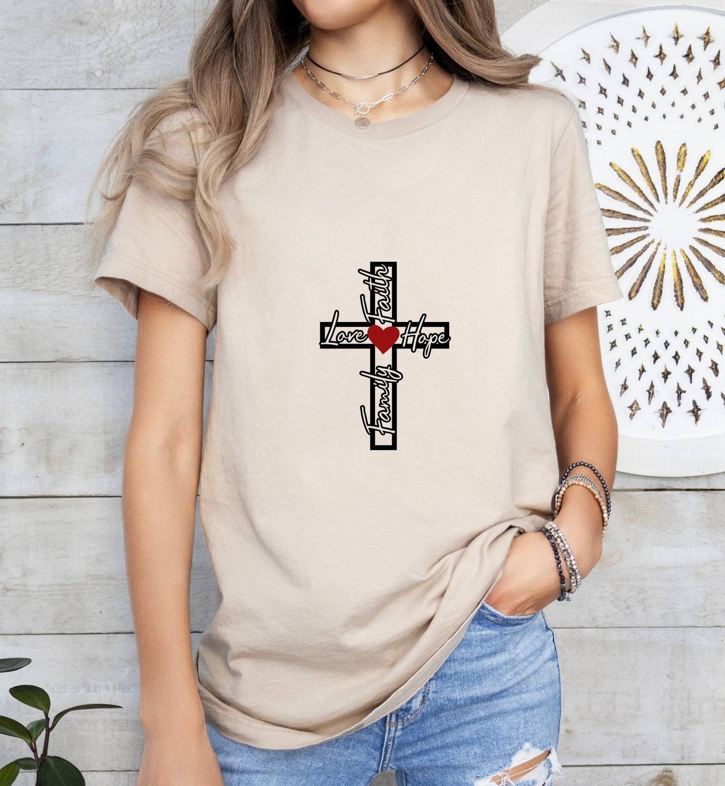 Family Love Faith Cross Catholic Boho Church Shirt with Inspirational Bible Verse - Jesus Faith Religious - Raiden Gate Design