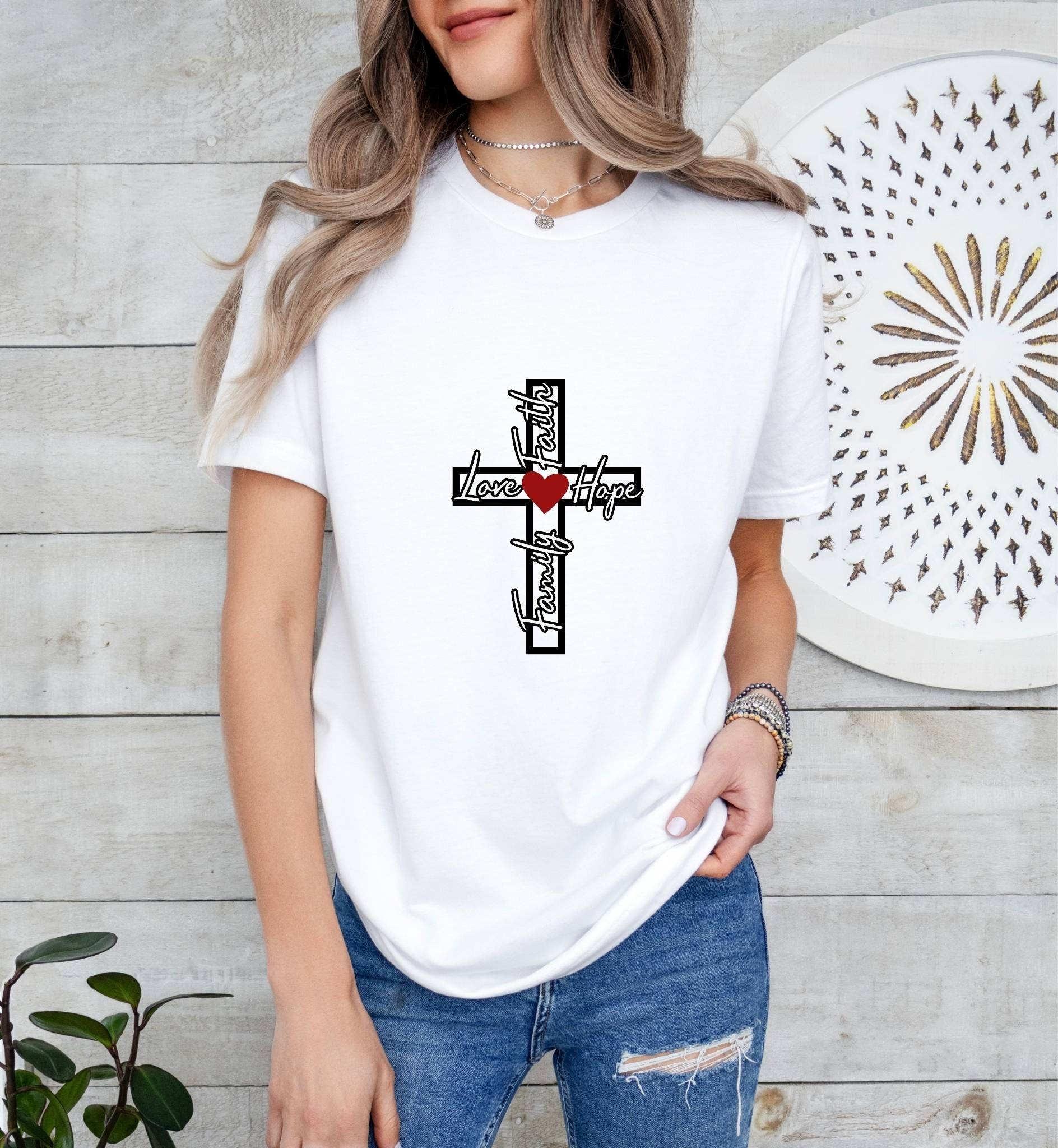 Family Love Faith Cross Catholic Boho Church Shirt with Inspirational Bible Verse - Jesus Faith Religious - Raiden Gate Design