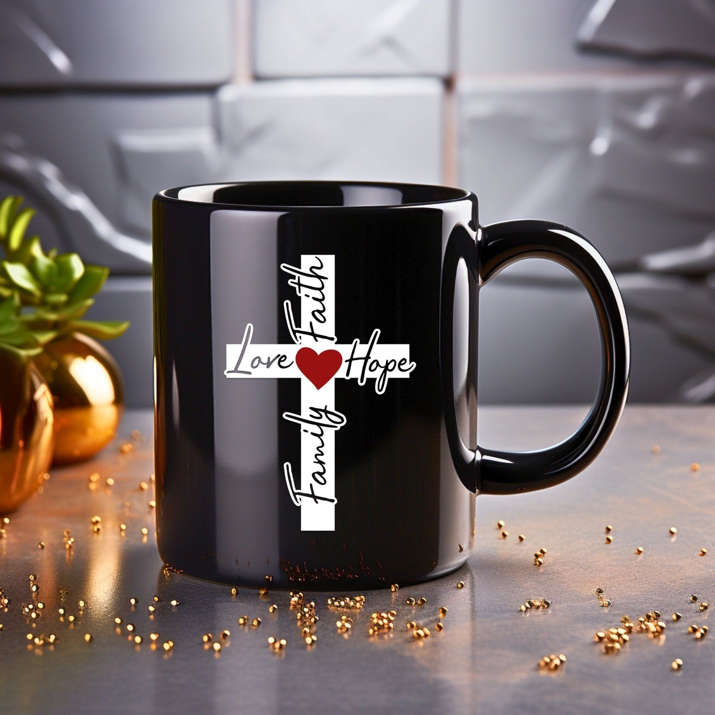 Family, Love, Faith, Hope Cross Solid - Bible Verse Faith Mug - Christian Religious - Dad Mug with Affirmations - Supportive Baptism Gift - Raiden Gate Design