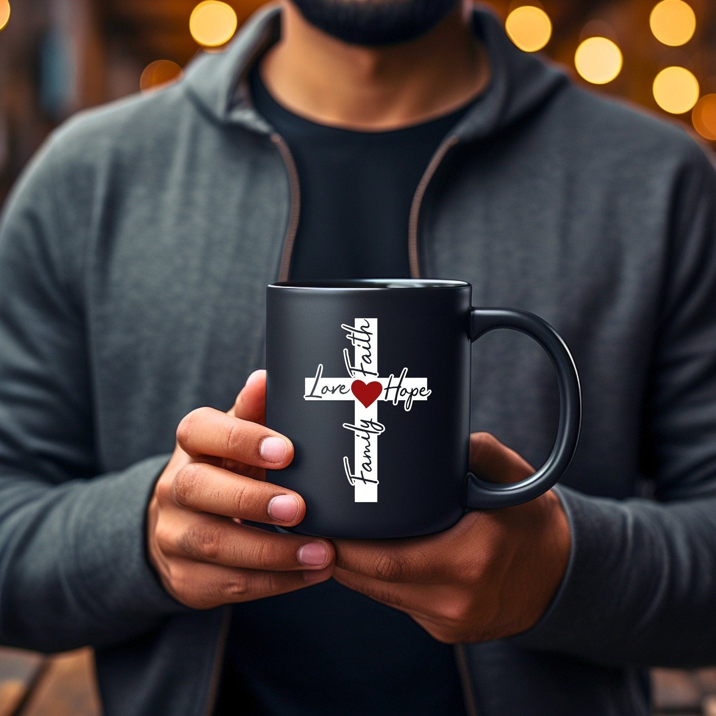 Family, Love, Faith, Hope Cross Solid - Bible Verse Faith Mug - Christian Religious - Dad Mug with Affirmations - Supportive Baptism Gift - Raiden Gate Design