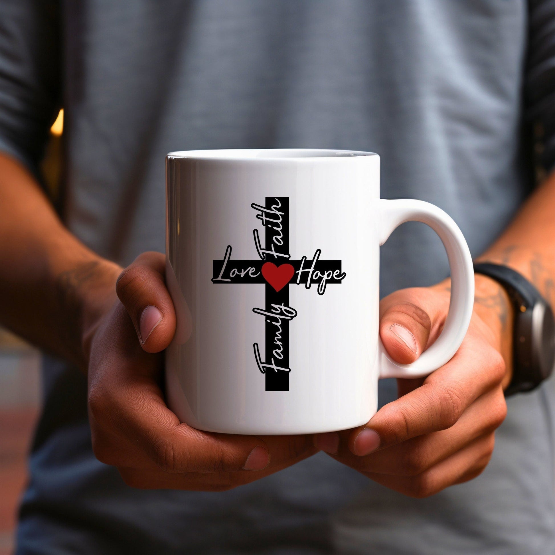 Family, Love, Faith, Hope Cross Solid - Bible Verse Faith Mug - Christian Religious - Dad Mug with Affirmations - Supportive Baptism Gift - Raiden Gate Design