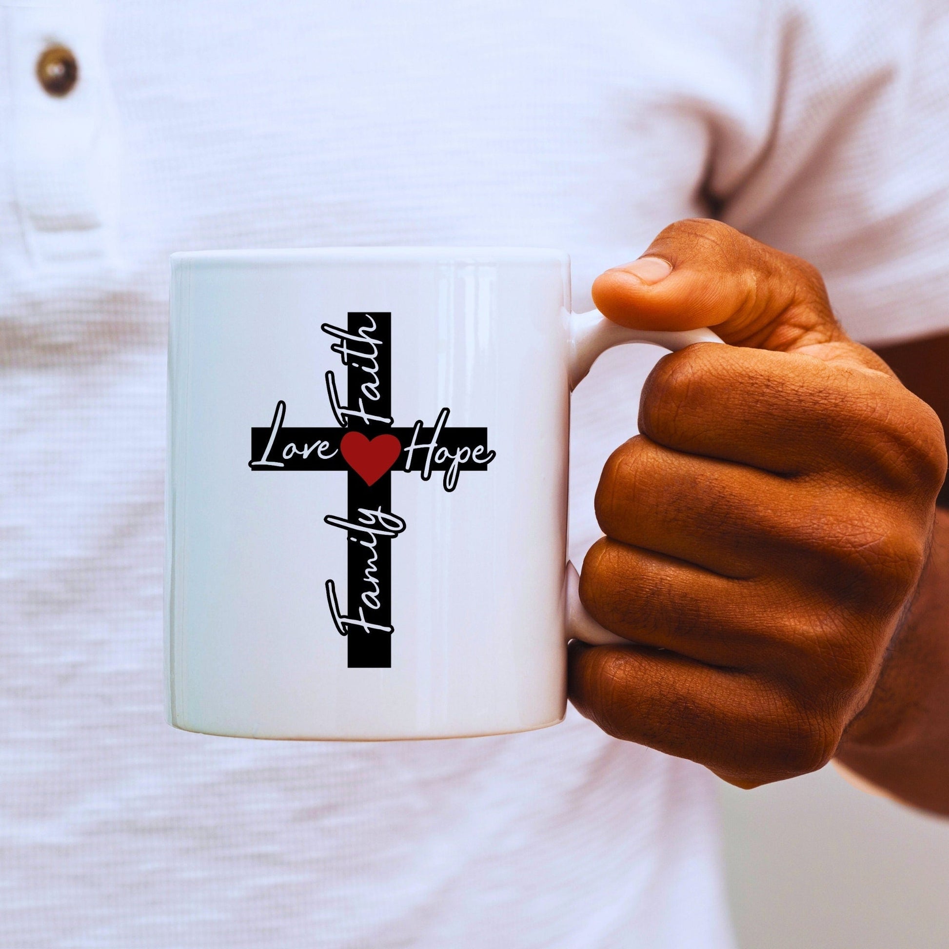 Family, Love, Faith, Hope Cross Solid - Bible Verse Faith Mug - Christian Religious - Dad Mug with Affirmations - Supportive Baptism Gift - Raiden Gate Design