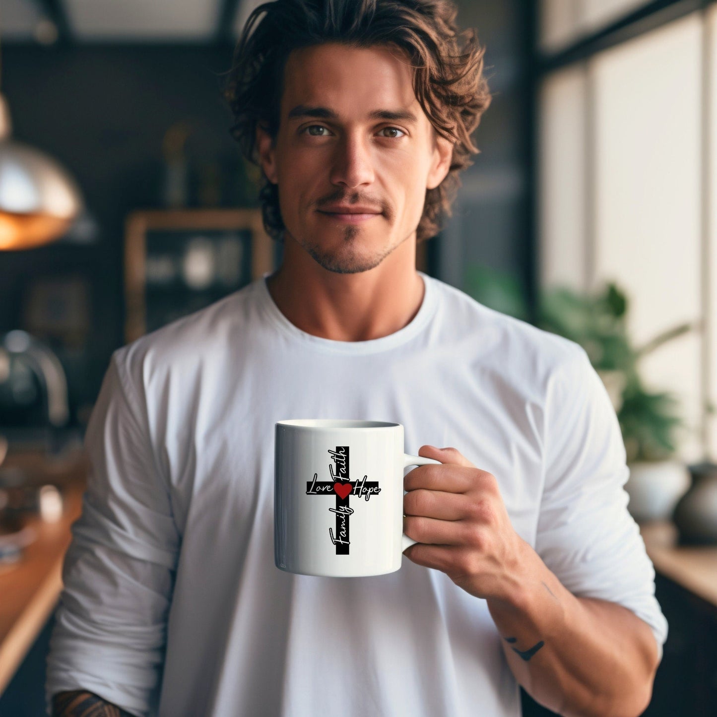 Family, Love, Faith, Hope Cross Solid - Bible Verse Faith Mug - Christian Religious - Dad Mug with Affirmations - Supportive Baptism Gift - Raiden Gate Design