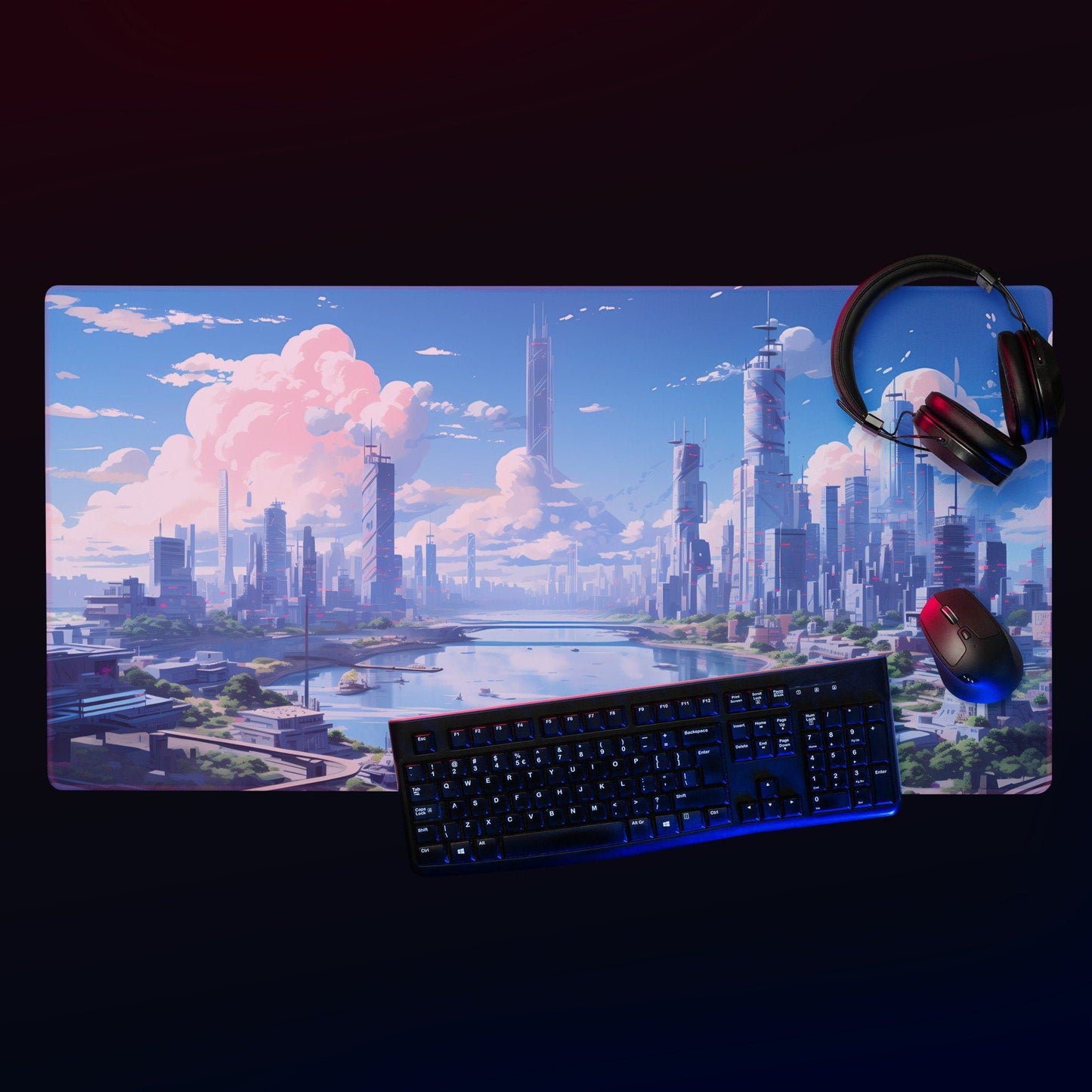 Futuristic Urban Landscape Anime Gaming Mousepad | Anime Desk Mat | Anime Gamer Gift | Desk Accessories | Large Mouse Pad - Raiden Gate Design