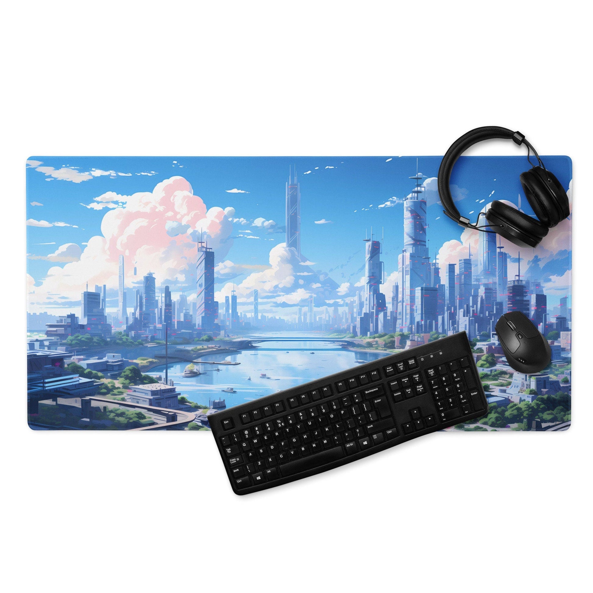 Futuristic Urban Landscape Anime Gaming Mousepad | Anime Desk Mat | Anime Gamer Gift | Desk Accessories | Large Mouse Pad - Raiden Gate Design