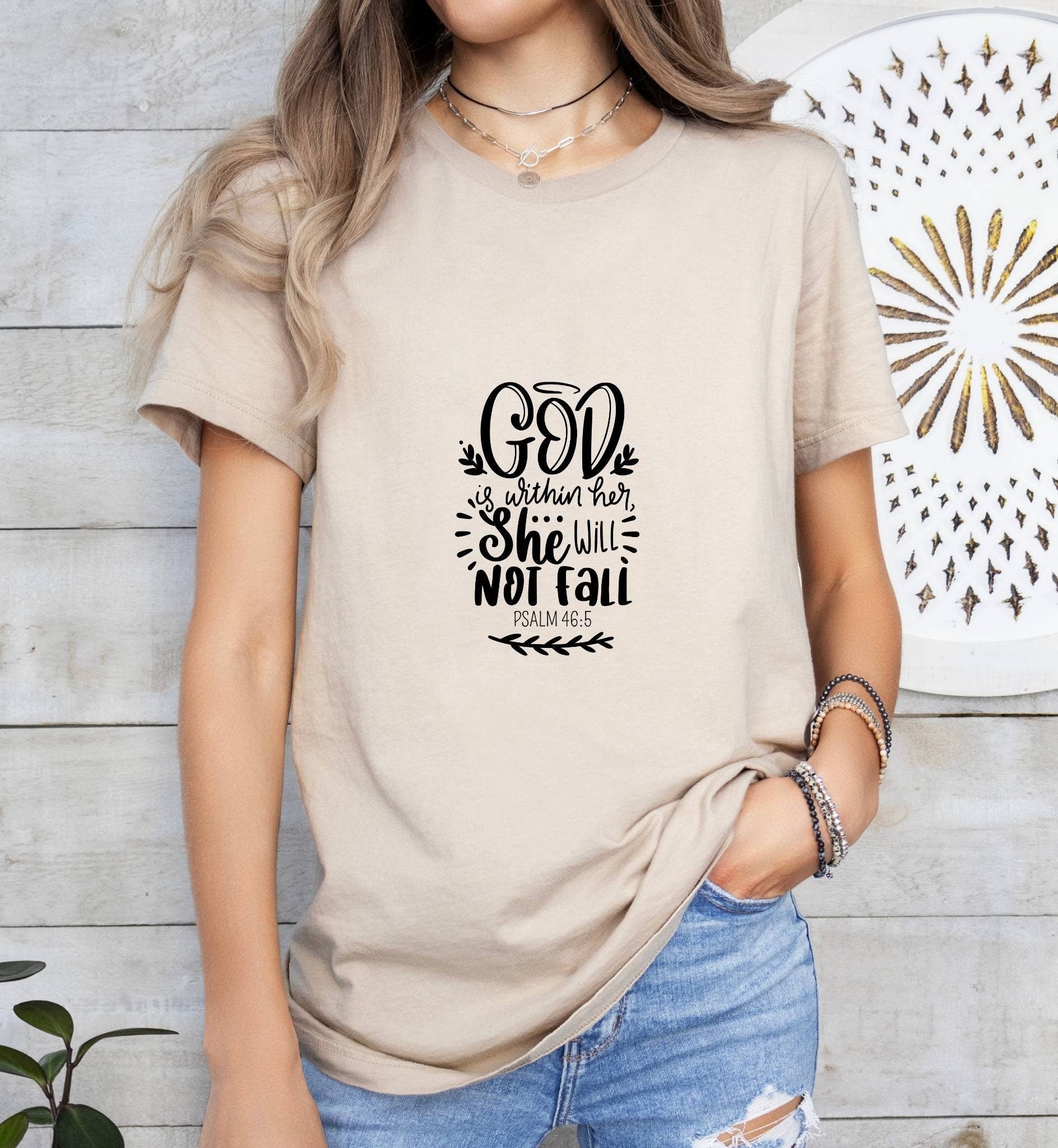 God is Within Her, She Will not Fall Catholic Boho Church Shirt with Inspirational Bible Verse - Jesus Faith Religious - Raiden Gate Design