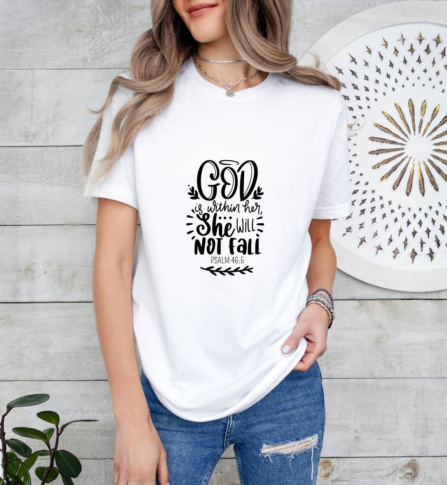 God is Within Her, She Will not Fall Catholic Boho Church Shirt with Inspirational Bible Verse - Jesus Faith Religious - Raiden Gate Design