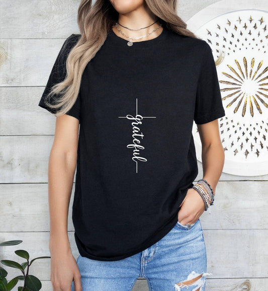 Grateful Cross (thin) Catholic Boho Church Shirt with Inspirational Bible Verse - Jesus Faith Religious - Raiden Gate Design