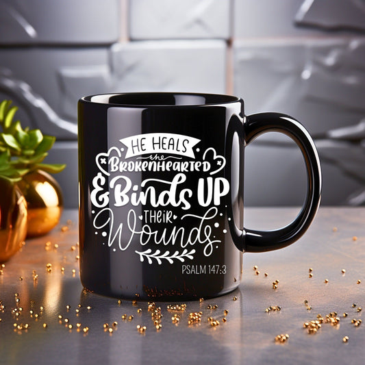 He Heals the Brokenhearted - Bible Verse Faith Coffee Mug - Christian Religious - Dad Mug with Affirmations - Supportive Baptism Gift - Raiden Gate Design