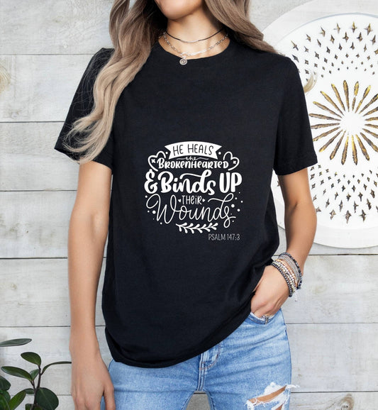 He Heals the Brokenhearted Catholic Boho Church Shirt with Inspirational Bible Verse - Jesus Faith Religious - Raiden Gate Design