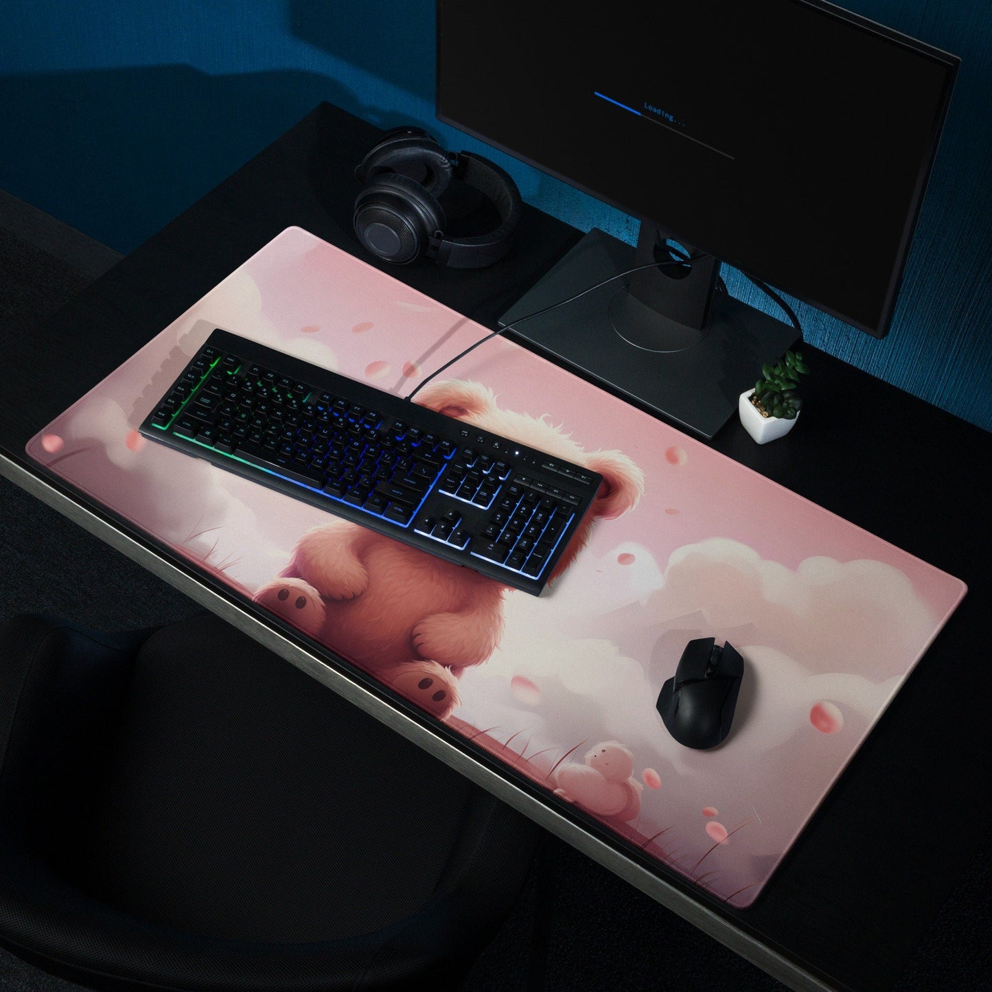 Kawaii Bear Cub in Pink Autum Gaming Mousepad | Desk Mat | Large Mouse Pad - Raiden Gate Design