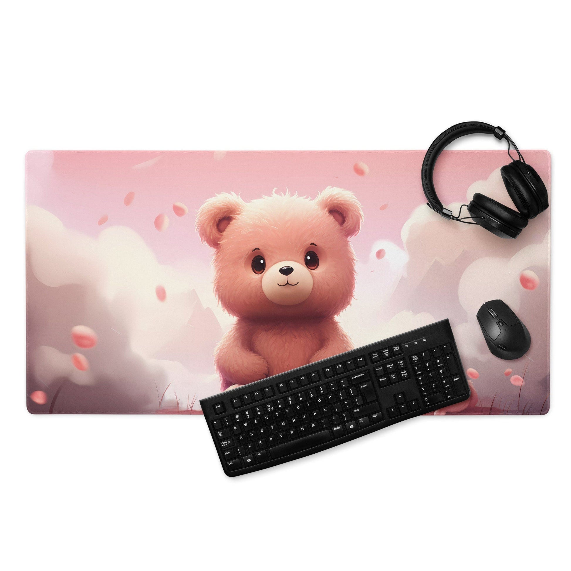 Kawaii Bear Cub in Pink Autum Gaming Mousepad | Desk Mat | Large Mouse Pad - Raiden Gate Design