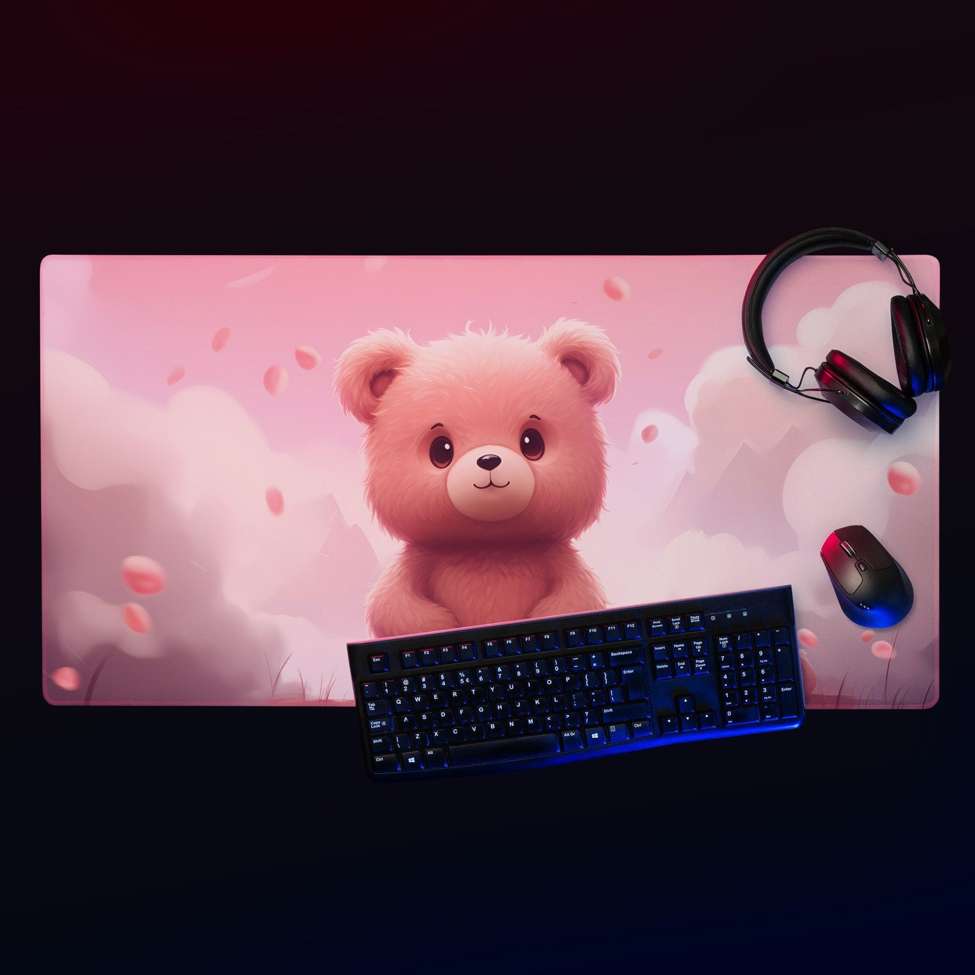 Kawaii Bear Cub in Pink Autum Gaming Mousepad | Desk Mat | Large Mouse Pad - Raiden Gate Design