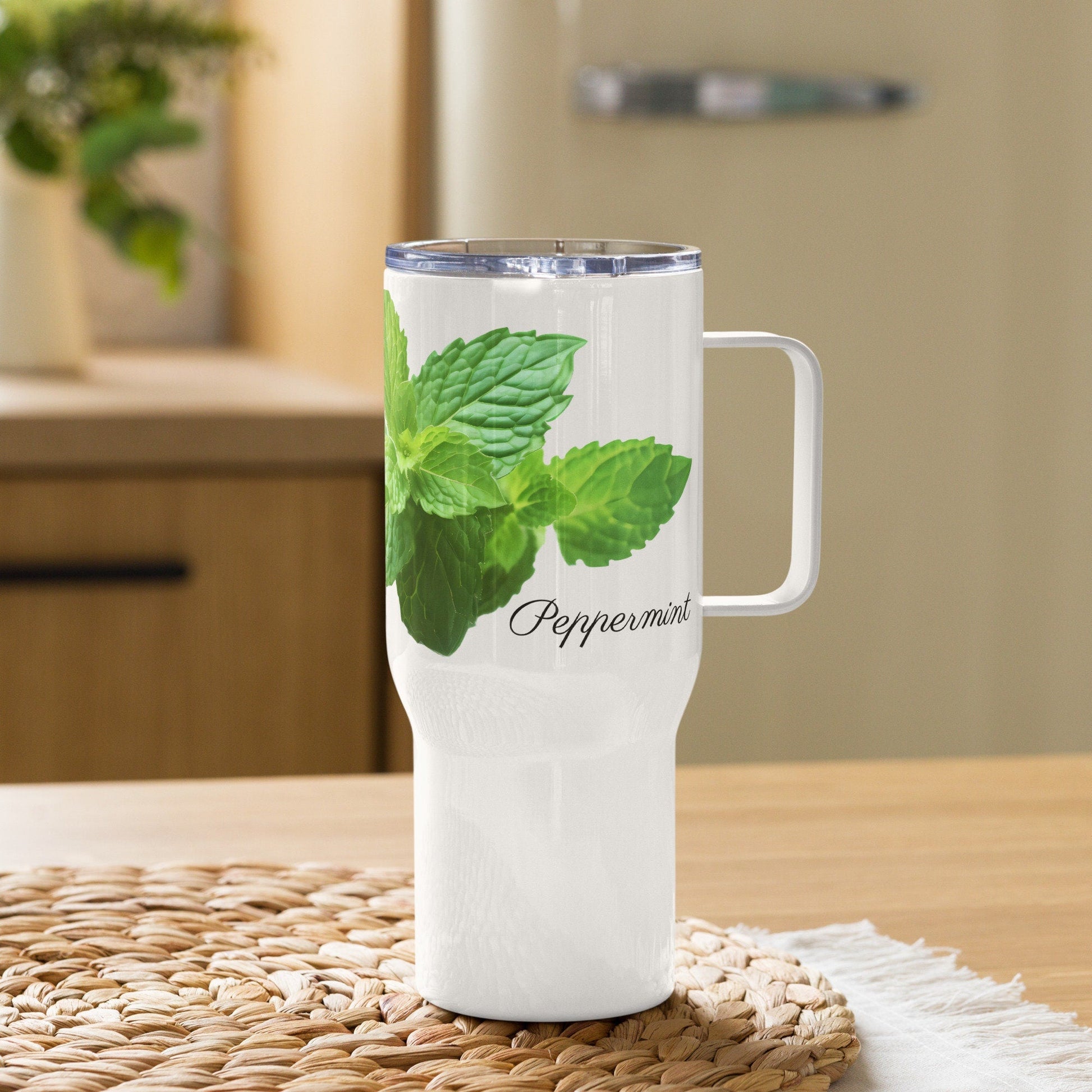 Peppermint Herbal Tea Travel mug with a handle | Tea Mug | Teacup | Gifts for Her | Herb Flower | Birthday Gift - Raiden Gate Design