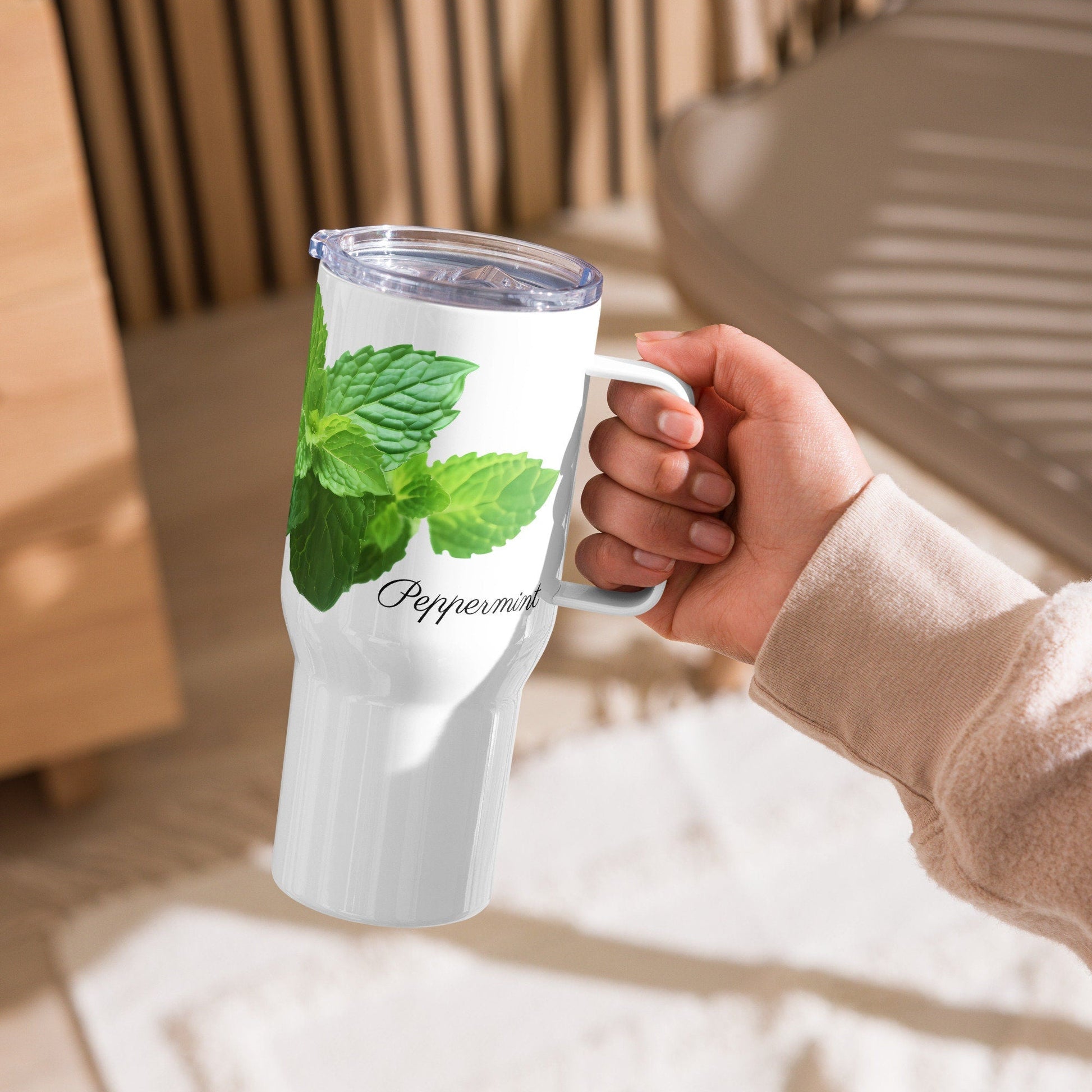 Peppermint Herbal Tea Travel mug with a handle | Tea Mug | Teacup | Gifts for Her | Herb Flower | Birthday Gift - Raiden Gate Design