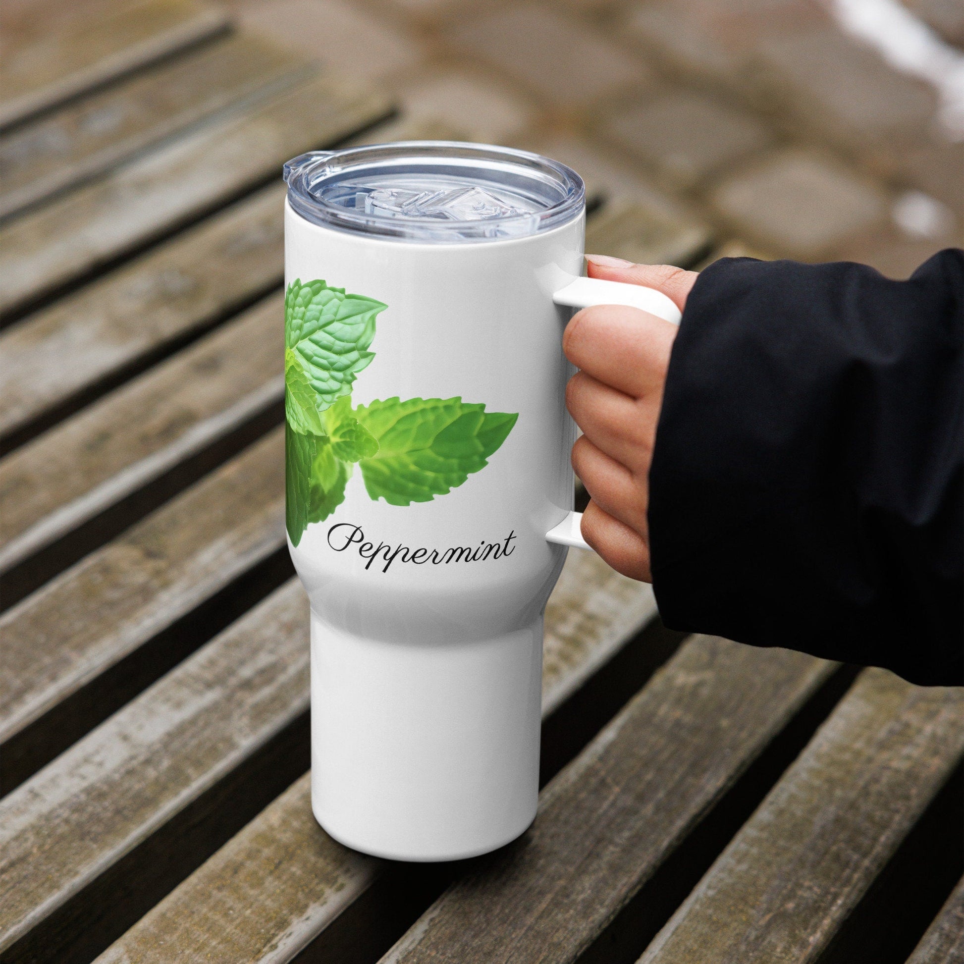 Peppermint Herbal Tea Travel mug with a handle | Tea Mug | Teacup | Gifts for Her | Herb Flower | Birthday Gift - Raiden Gate Design