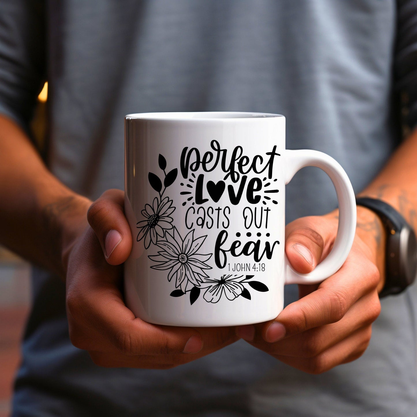 Perfect Love Casts Out Fear - Bible Verse Faith Coffee Mug - Christian Religious - Dad Mug with Affirmations - Supportive Baptism Gift - Raiden Gate Design