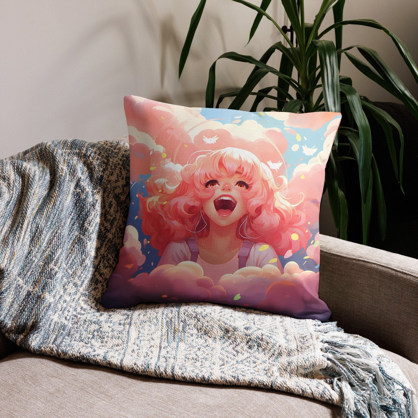 Pink Hair Anime Girl | Anime Pillow | Kawaii Pillow | Decorative Pillow | Throw Pillow - Raiden Gate Design