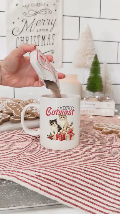 Meowy Catmast Cat - Vintage Christmas Coffee Mug with Cute Gnome