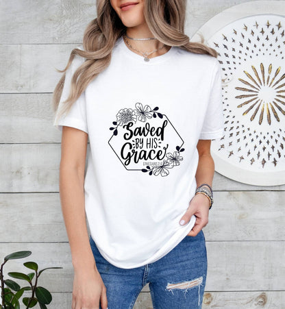 Saved by His Grace Catholic Boho Church Shirt with Inspirational Bible Verse - Jesus Faith Religious - Raiden Gate Design