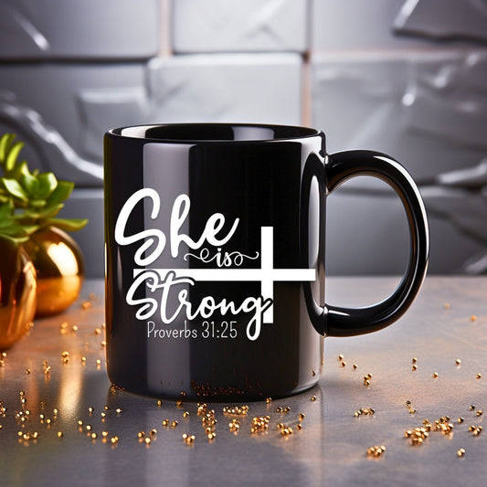 She is Strong - Bible Verse Faith Coffee Mug - Christian Religious Gift for Him - Dad Mug with Affirmations - Supportive Baptism Gift - Raiden Gate Design