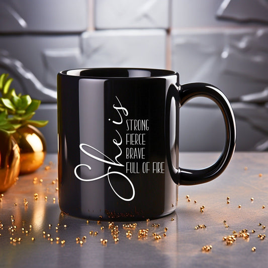 She is Strong Fierce Brave - Bible Verse Faith Coffee Mug - Christian Religious - Dad Mug with Affirmations - Supportive Baptism Gift - Raiden Gate Design