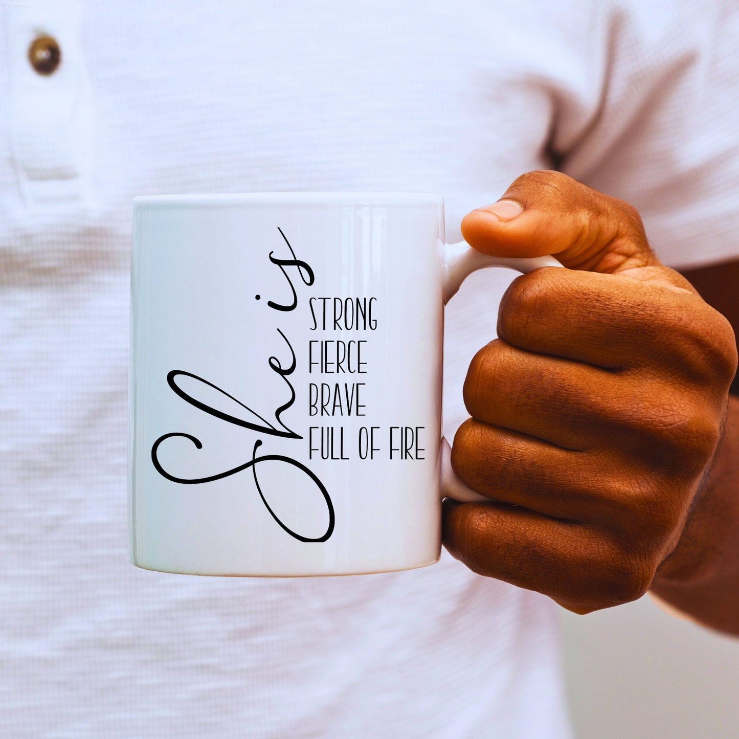 She is Strong Fierce Brave - Bible Verse Faith Coffee Mug - Christian Religious - Dad Mug with Affirmations - Supportive Baptism Gift - Raiden Gate Design